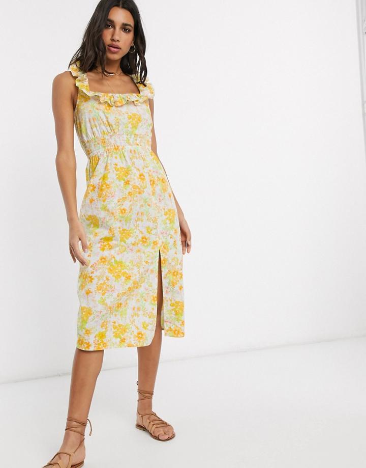 Asos Design Cotton Midi Sundress With Shirred Waist And Lace Up Back In Floral Print-multi