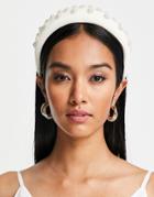 Asos Design Padded Headband With Pearl Detail In Cream-white