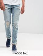Asos Tall Skinny Jeans In Light Wash With Heavy Rips - Blue