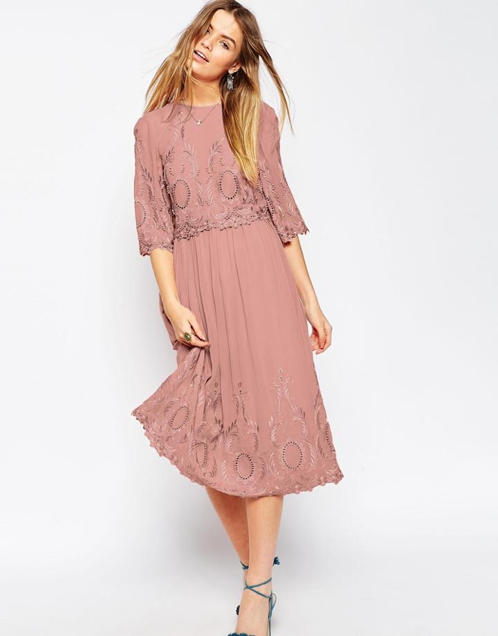 Asos Premium Midi Embroidered Dress - Pink