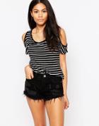 Brave Soul Cold Shoulder Striped Long Line Top - Black