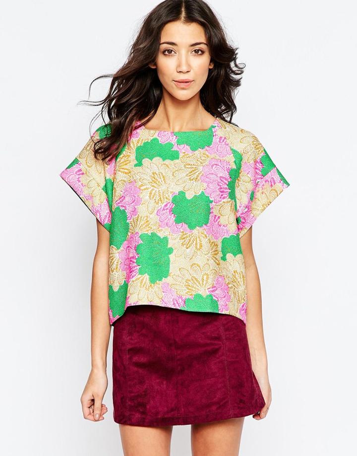 Traffic People Fan Fare Curve Top In Floral Jacquard - Multi