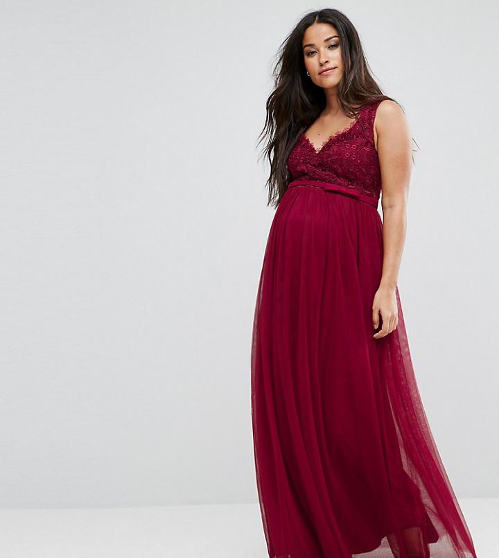 Little Mistress Maternity Bardot Crochet Maxi Dress - Red