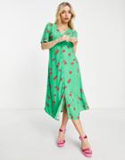 Nobody's Child Button Maxi Tea Dress In Green Strawberry Print