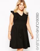 Asos Curve Skater Dress With Frill Sleeve Detail - Black