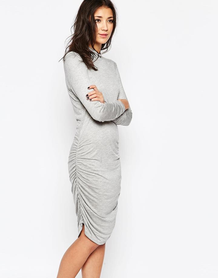 Ichi Roll Neck Body-conscious Dress With 3/4 Sleeves - Gray