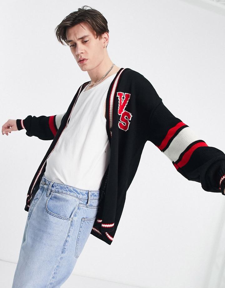 Vintage Supply Cardigan In Black With Varsity Logo Print