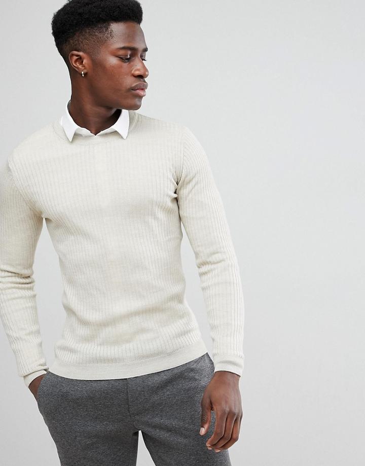 Asos Merino Mix Rib Sweater In Oatmeal-beige