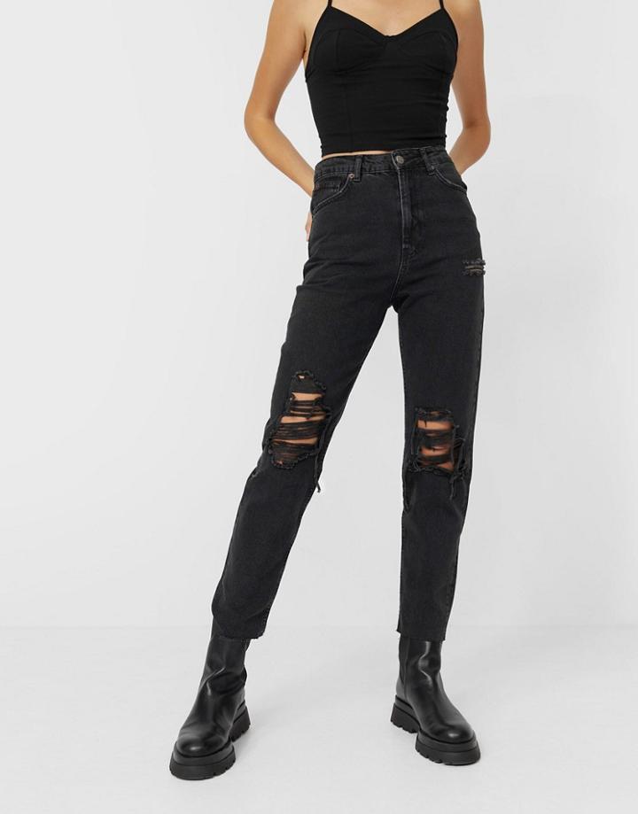 Stradivarius Vintage Ripped Mom Jean In Black