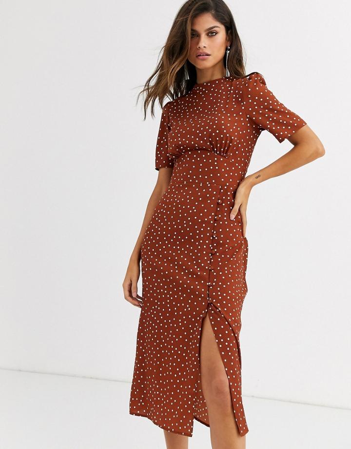 Asos Design Midi Tea Dress With Buttons In Polka Dot