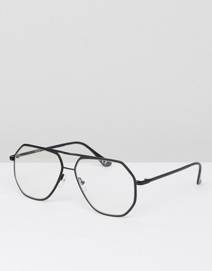Asos Angled Aviator Glasses In Black Metal With Clear Lens - Black