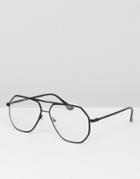 Asos Angled Aviator Glasses In Black Metal With Clear Lens - Black