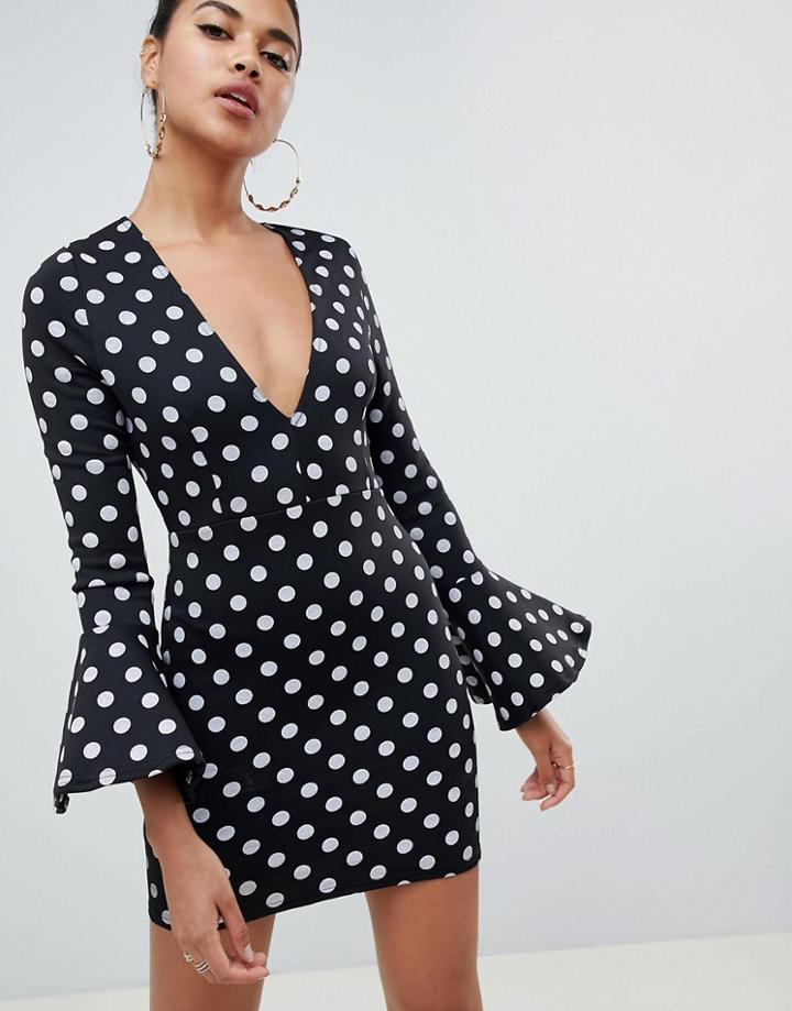 Prettylittlething Polka Dot Plunge Frill Sleeve Dress - Black