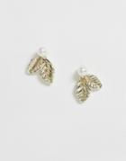 True Decadence Gold Leaf And Pearl Stud Earrings - Gold