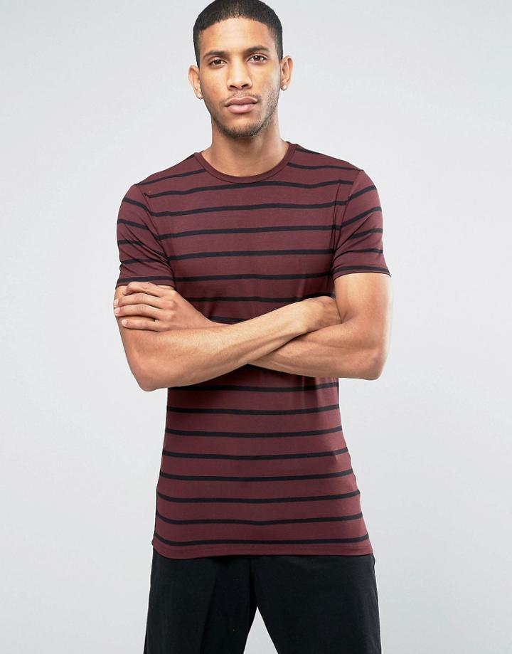 Asos Longline Muscle T-shirt In Stripe With Crew Neck In Burgundy - Red