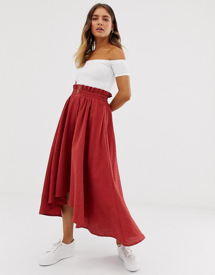 Asos Design Seersucker Full Midi Skirt With Shirred Waistband - Red