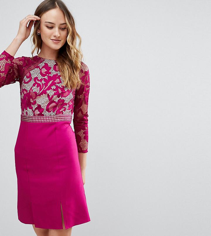 Little Mistress Tall Long Sleeve Skater Dress With Lace Upper - Purple