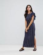 Liquorish Stripe Maxi Dress With Ruffle Sleeves - Navy