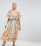 Asos Design Curve Ruffle Top Bandeau Midi Dress In Floral Stripe Print - Multi