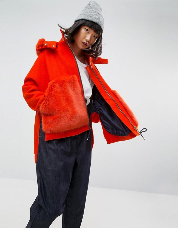 Asos White Bright Faux Fur Pocket Coat With Hood - Orange