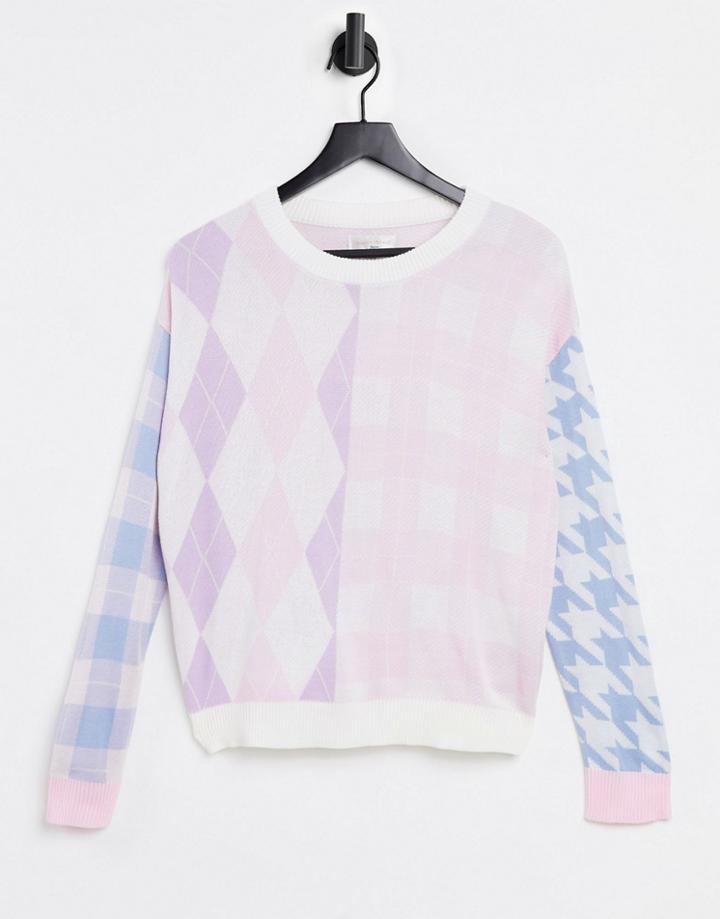 Gianni Feraud Crew Neck Sweater In Mixed Pastel Check-multi
