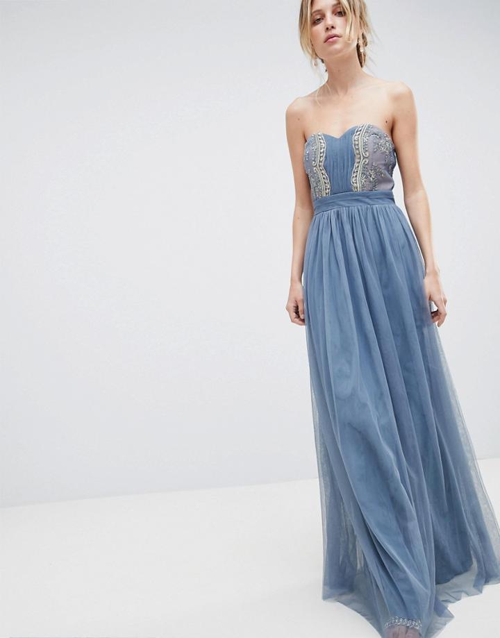 Little Mistress Bandeau Maxi Dress With Lace Detail - Blue