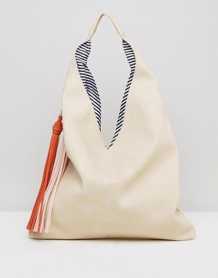 Yoki Fashions Slouchy Shoulder Bag With Contrast Tassel - Beige