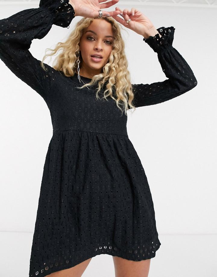 Topshop Broderie Long Sleeve Mini Dress In Black