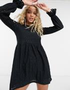 Topshop Broderie Long Sleeve Mini Dress In Black