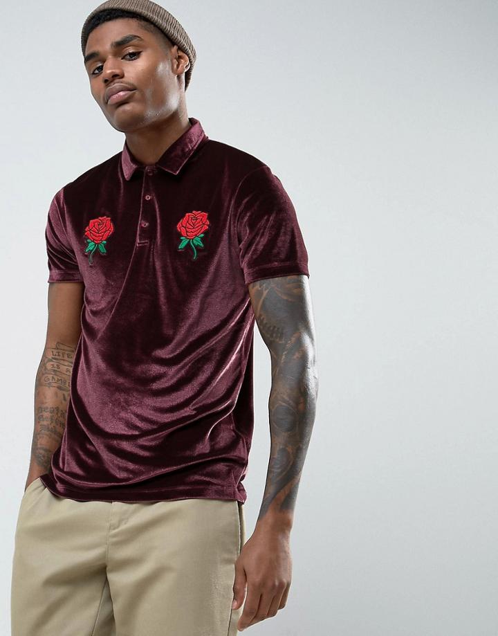 Asos Polo Shirt In Velour With Rose Embroidery - Red