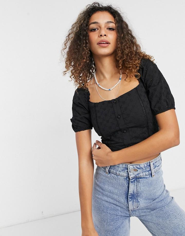 Brave Soul Nata Broderie Crop Top In Black