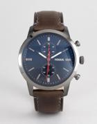 Fossil Chronograph Leather Watch With Dark Blue Dial - Black