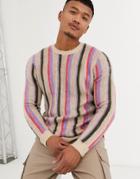 Asos Design Knitted Stripe Sweater In Oatmeal-multi