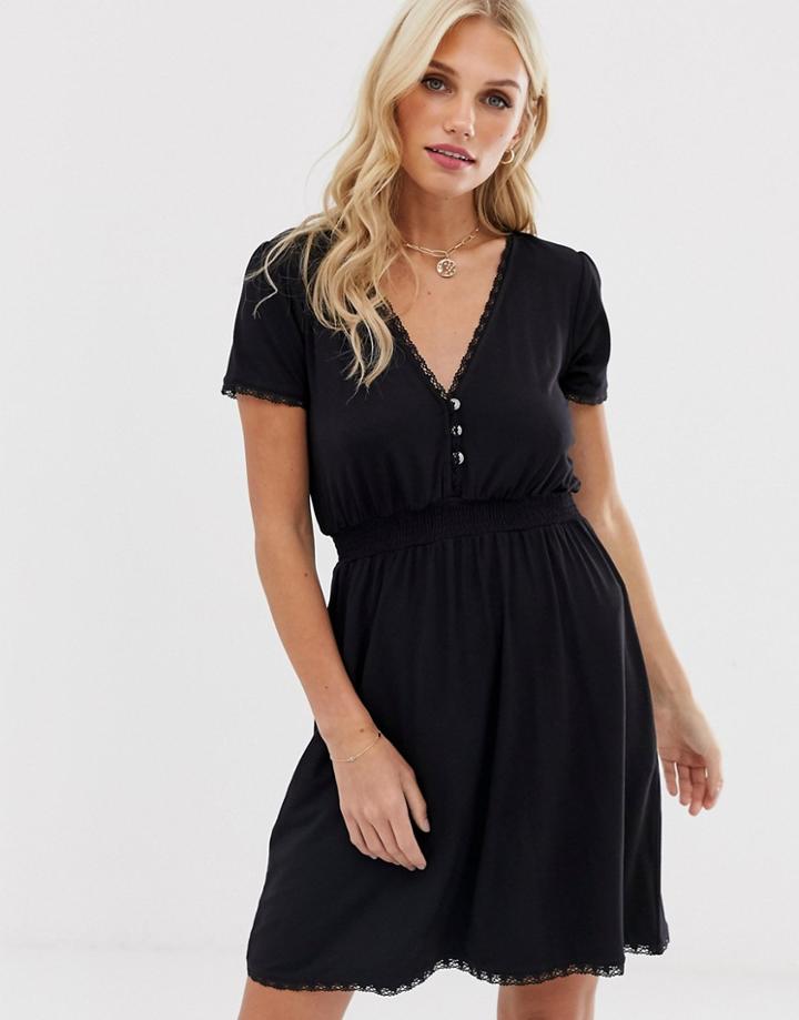 Stradivarius Button Front Shirred Waist Dress-black