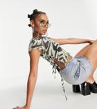 Asyou Tie Side Glitter Mesh Tee In Abstract Zebra Print-multi