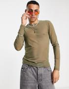 Asos Design Muscle Long Sleeve T-shirt In Khaki Mesh In Recycled Polyester-green