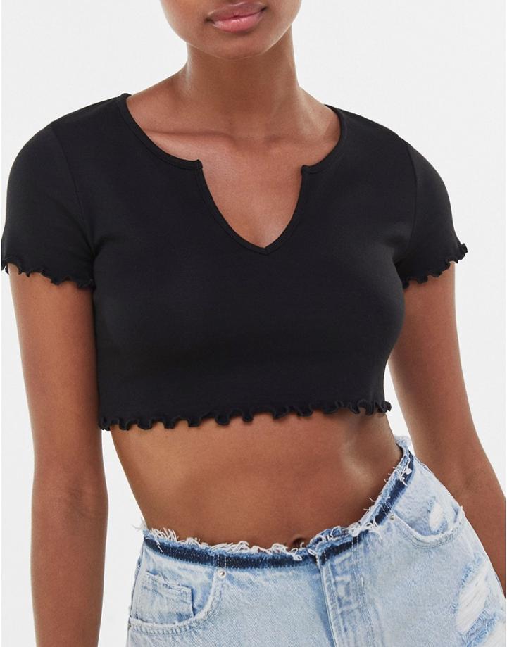 Bershka Notch Front Crop Tee With Lettuce Edge In Black