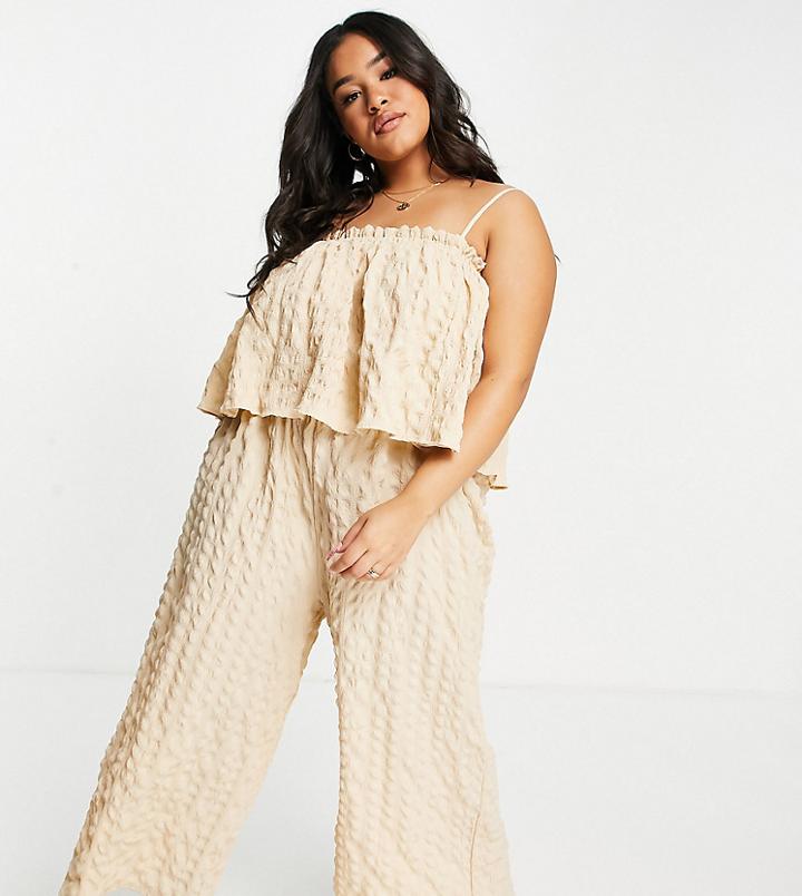 Asos Design Curve Double Layer Textured Culotte Jumpsuit In Sand-brown