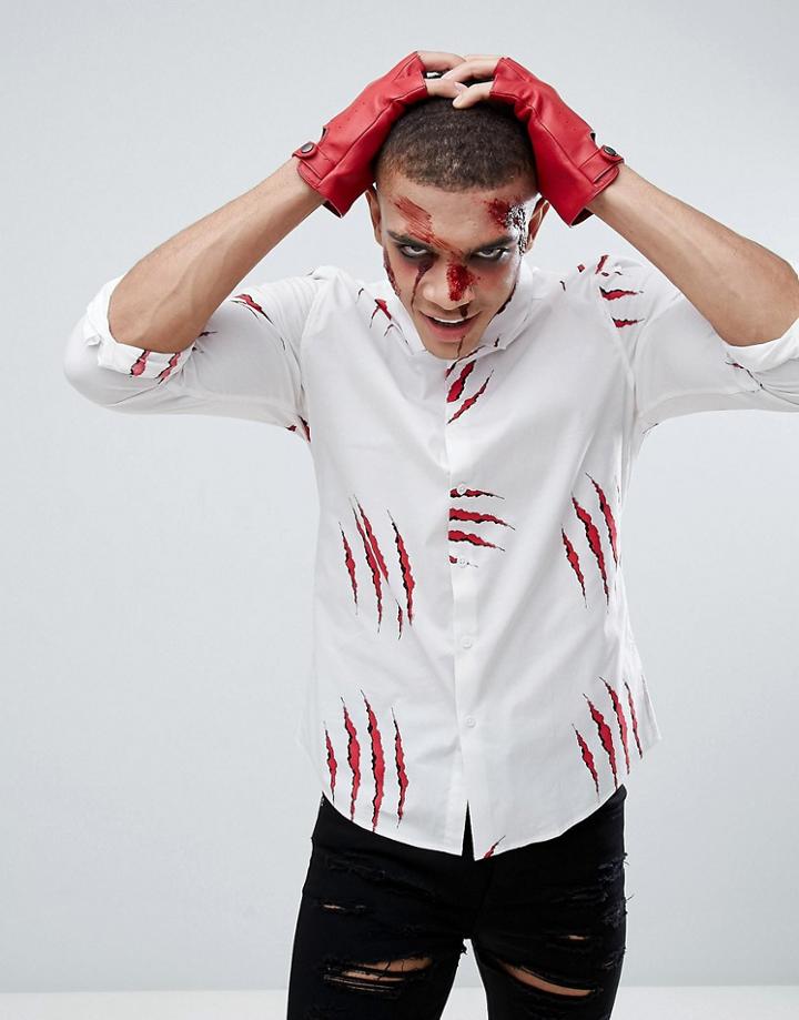 Asos Halloween Stretch Slim Shirt With Claw Print - White