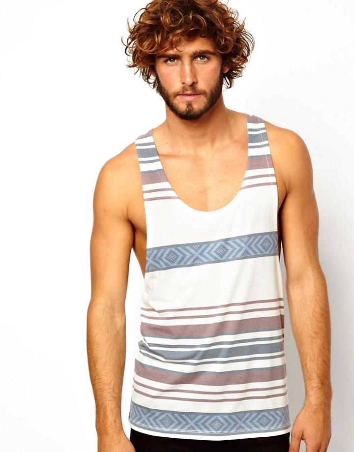 Asos Stripe Tank With Geo-tribal Pattern And Extreme Racer Back - Off White