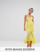 Jarlo Petite Allover Lace Bandeau Midi Dress With Highlow Fishtail - Yellow