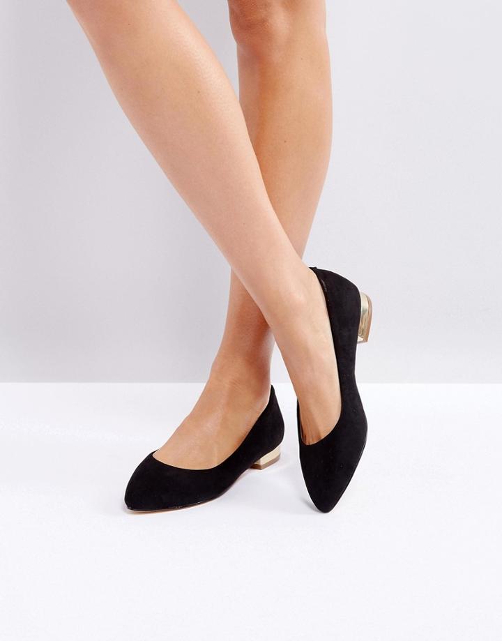 London Rebel Ballerina Topline Gold Heel Flat Shoe - Black