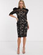 Bronx & Banco Madeleine Puff Sleeve Lace Dress-black