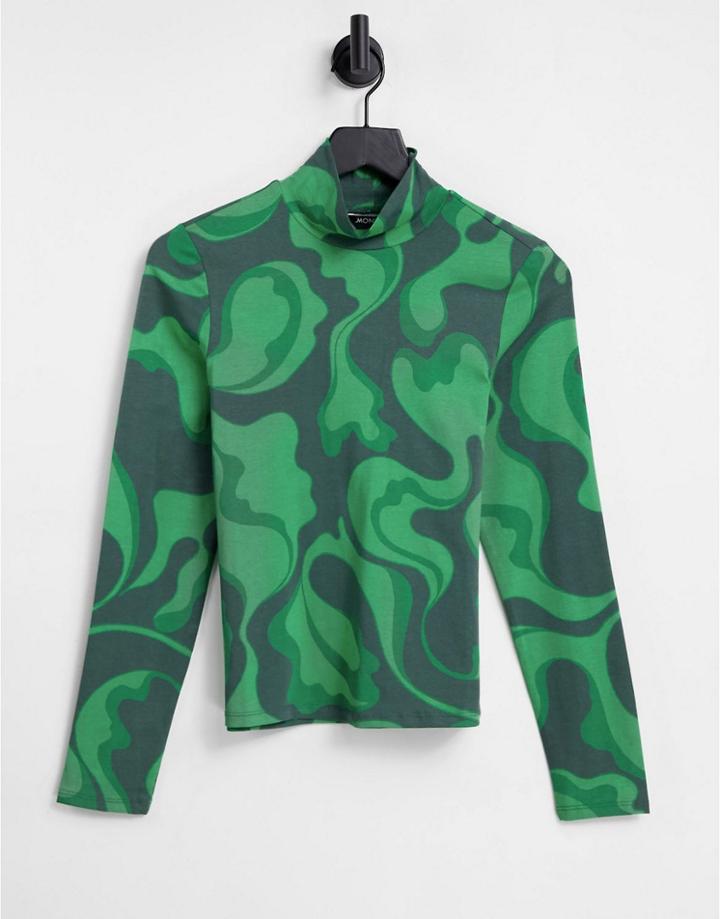 Monki Organic Cotton High Neck Swirl Print Top In Green
