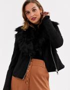 River Island Faux Suede Biker Jacket With Fur Collar In Black