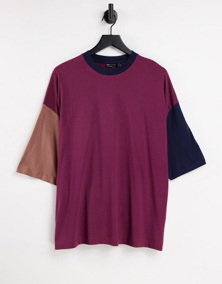 Asos Design Oversized T-shirt In Burgundy Color Block-multi