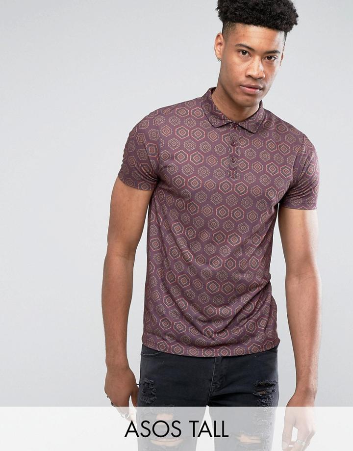 Asos Tall Polo Shirt In All Over Retro Print - Red