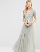 Maya Petite V Neck Maxi Tulle Dress With Tonal Delicate Sequins - Green