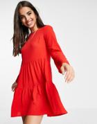 Asos Design Long Sleeve Tiered Smock Mini Dress In Red