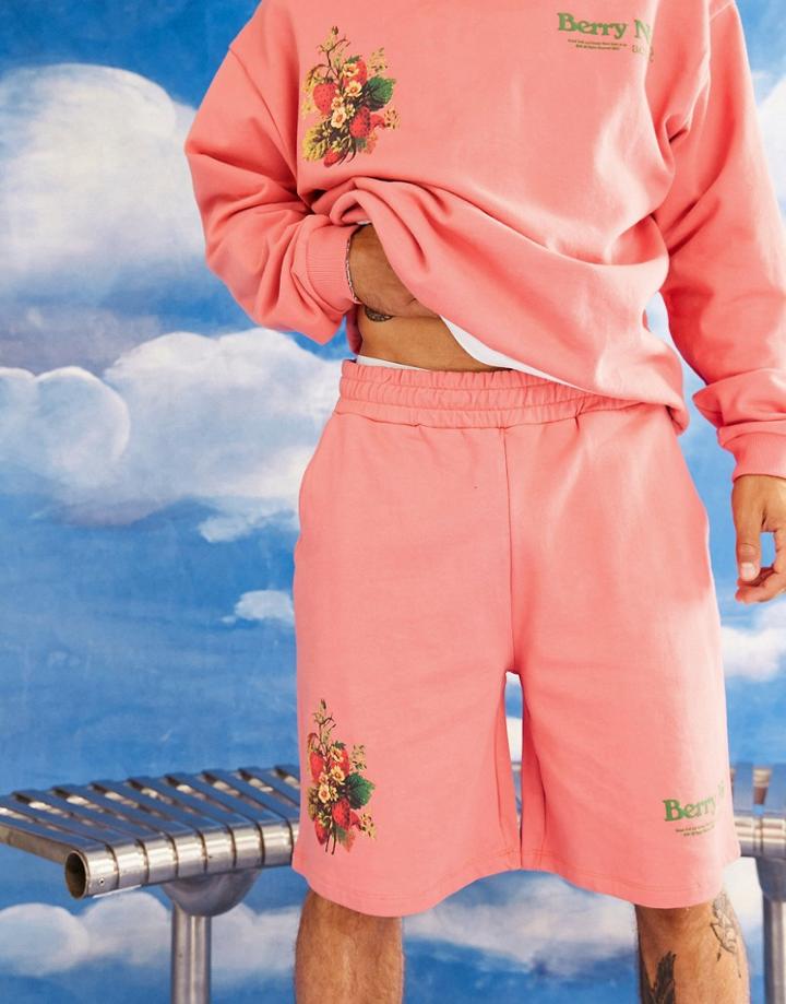 Asos Actual Relaxed Short With Berry Nice Graphic Print In Coral - Part Of A Set-orange